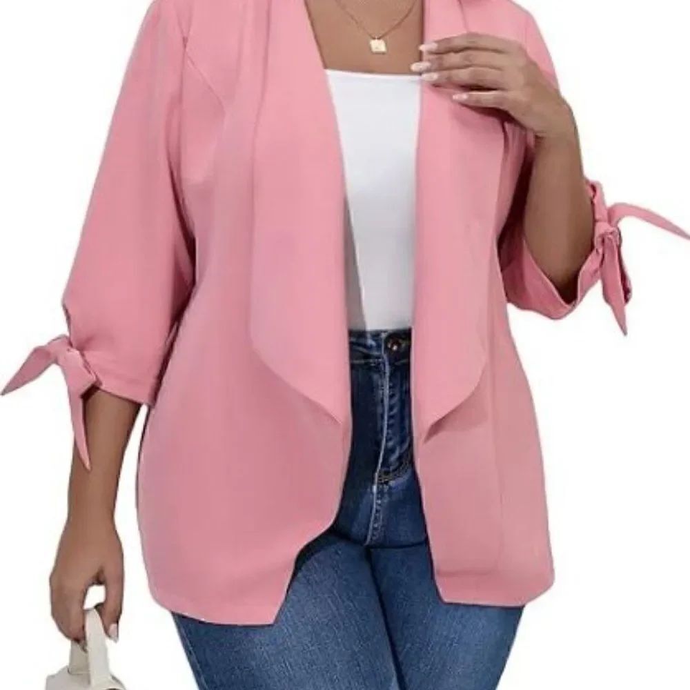 GNW Pink Open Front Knot Cuff 3/4 Sleeve Office Blazer